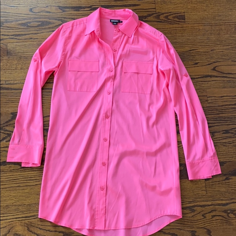 DKNY pink silk button down top
